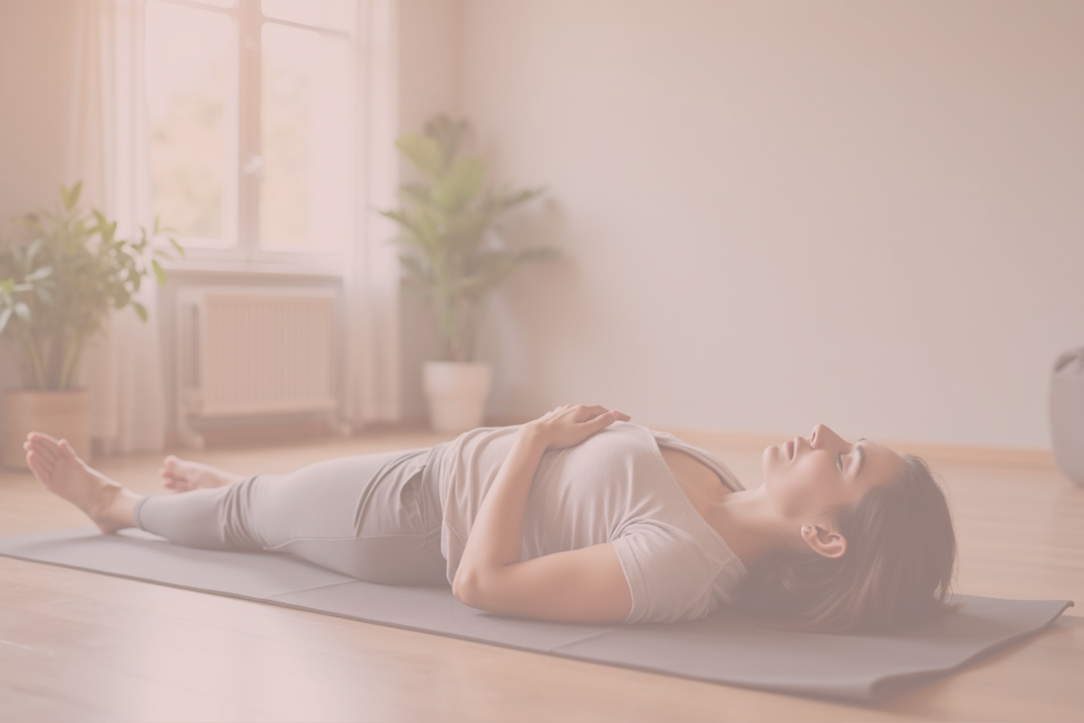 Feldenkrais Übungen Hero Person liegt auf Matte auf dem Boden mit geschlossenen Augen während sie eine Feldenkrais Übung macht